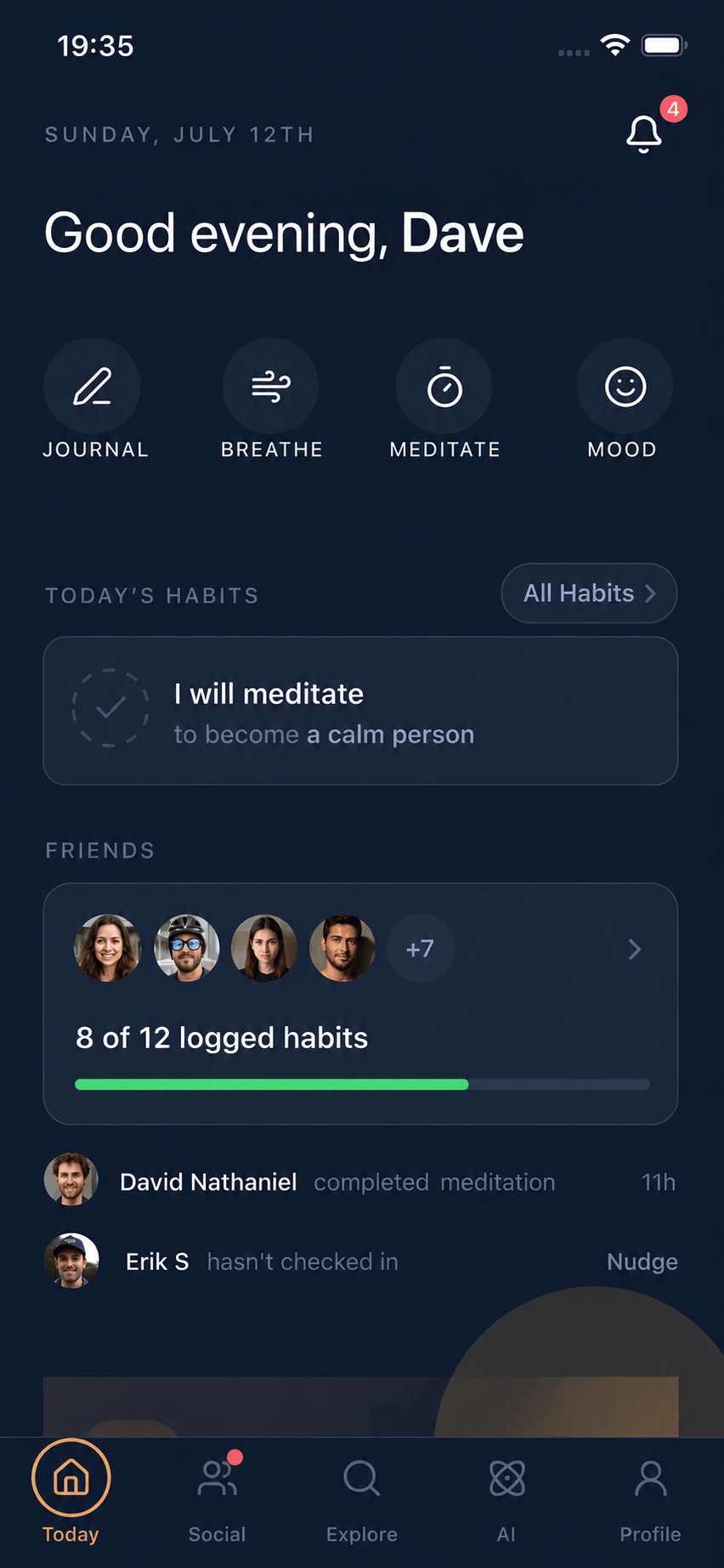 The Inwork app Explore screen showing paths for growth, habits, journaling, and meditation
